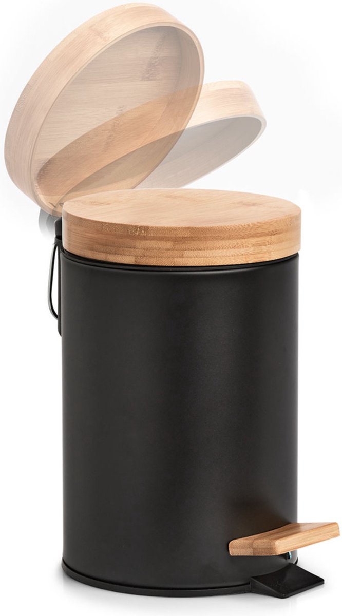 Zeller Prullenbak/pedaalemmer - Metaal - Bamboe Hout - 3l 17 X 24 Cm - Pedaalemmers - Zwart