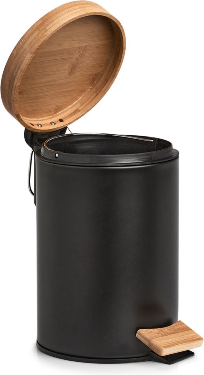Zeller Prullenbak/pedaalemmer - Metaal - Bamboe Hout - 3l 17 X 24 Cm - Pedaalemmers - Zwart