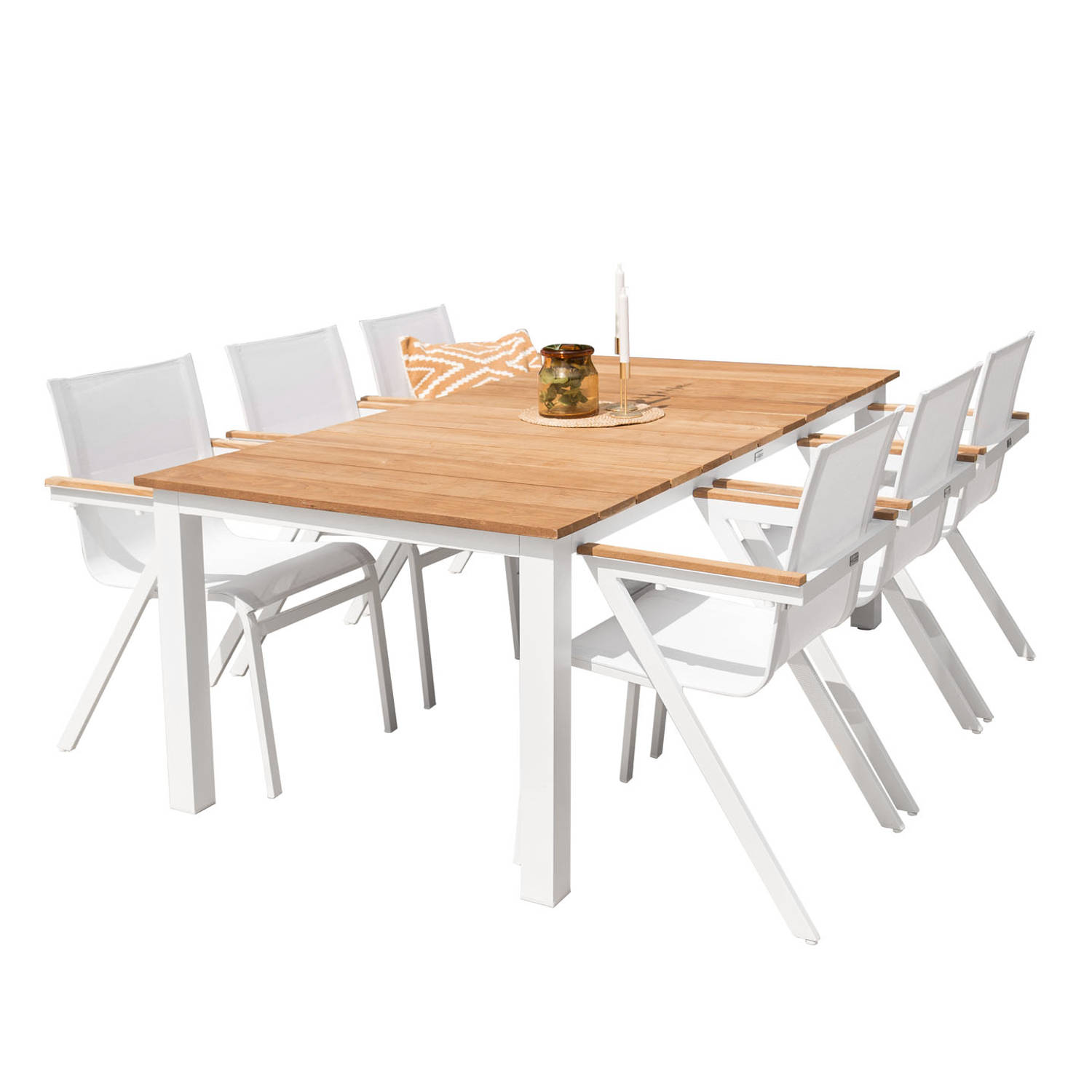 Mexico Tuinmeubelset Tafel 100x210cm En 6 Stoel Mexico Wit, Naturel.