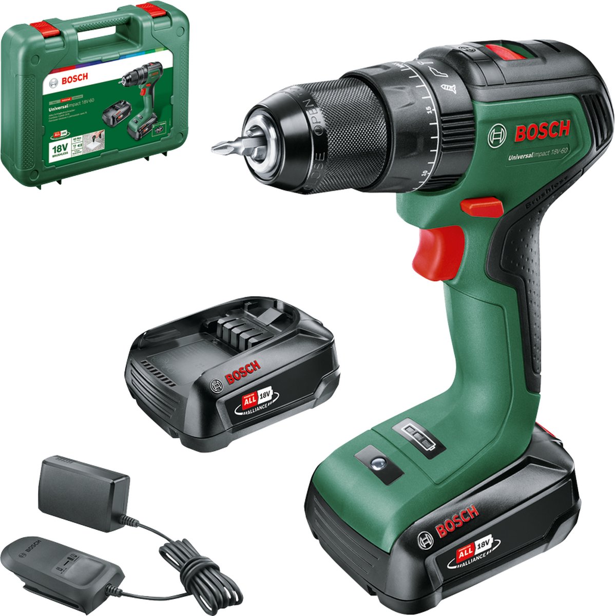 Bosch UniversalImpact 18V-60 | Accuklopboorschroevendraaier | met twee standen | 2 x 2.0 Ah accu + lader