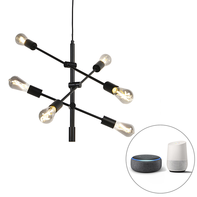 QAZQA Smart industriële hanglamp incl. 6 WiFi ST64 - Sydney - Zwart