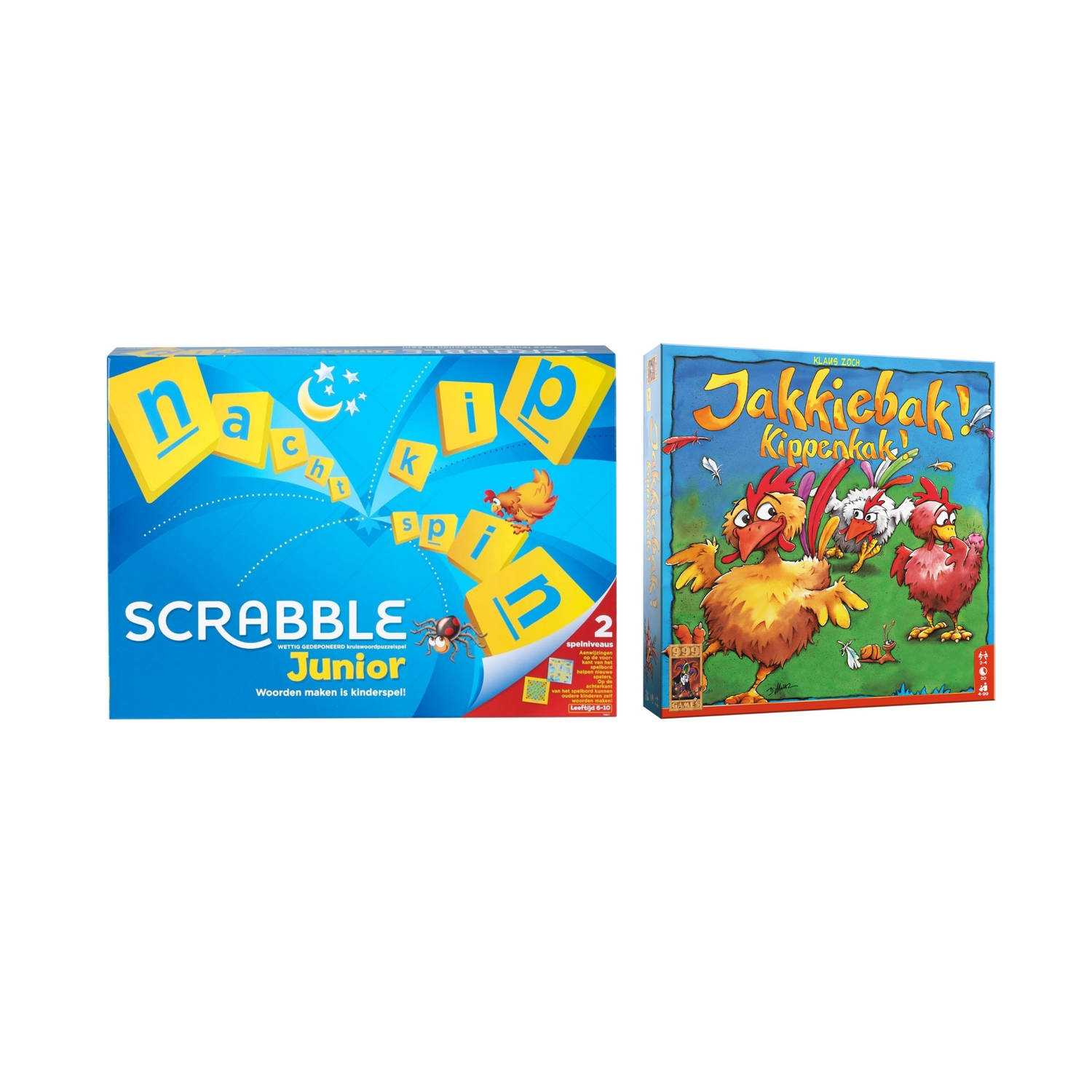 Mattel Spellenbundel - Bordspel - 2 Stuks - Scrabble Junior & Jakkiebak! Kippenkak!
