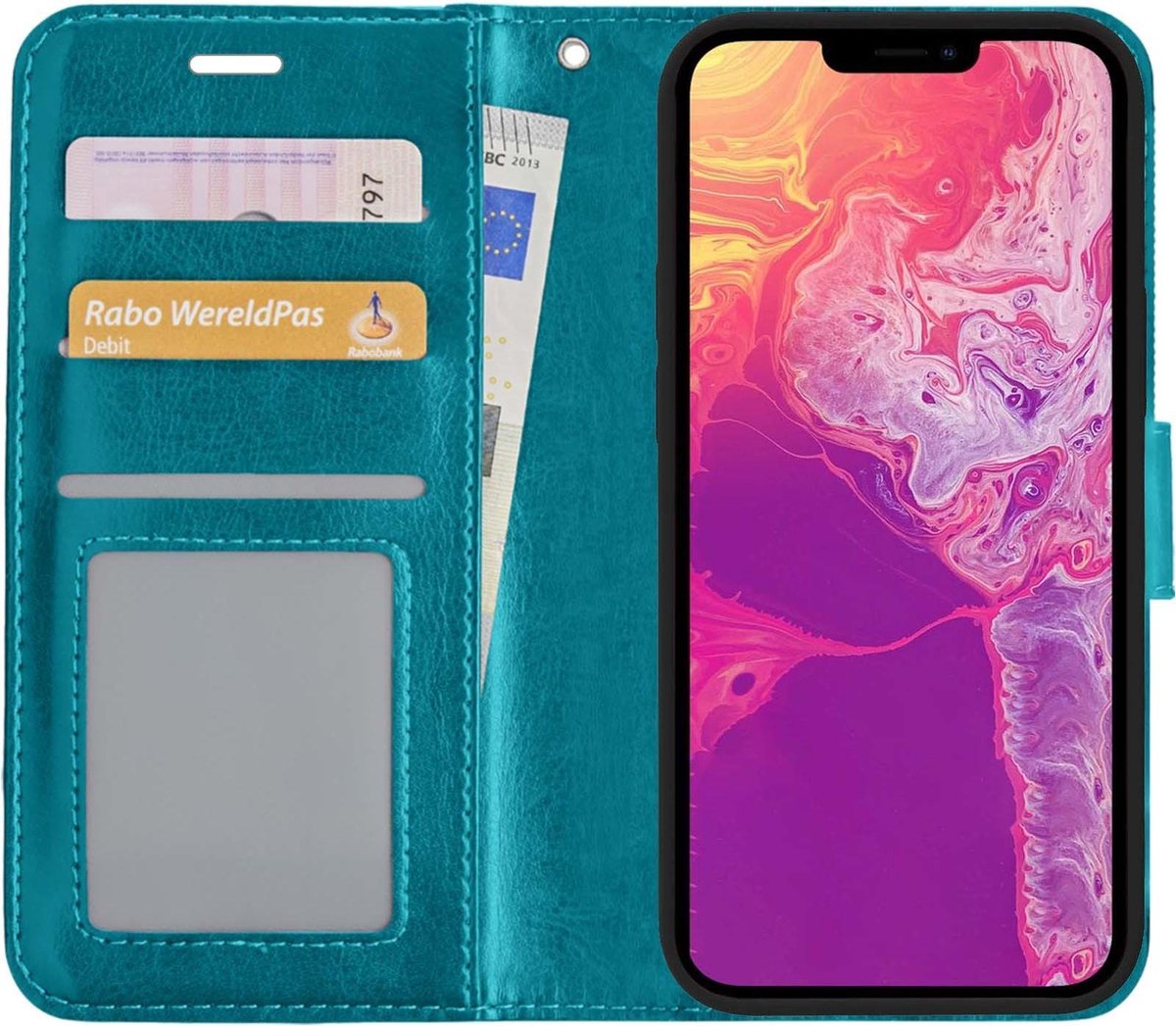 Basey Iphone 13 Pro Hoesje Bookcase Kunstleer - Iphone 13 Pro Hoes Flip Case Book Cover - Turquoise