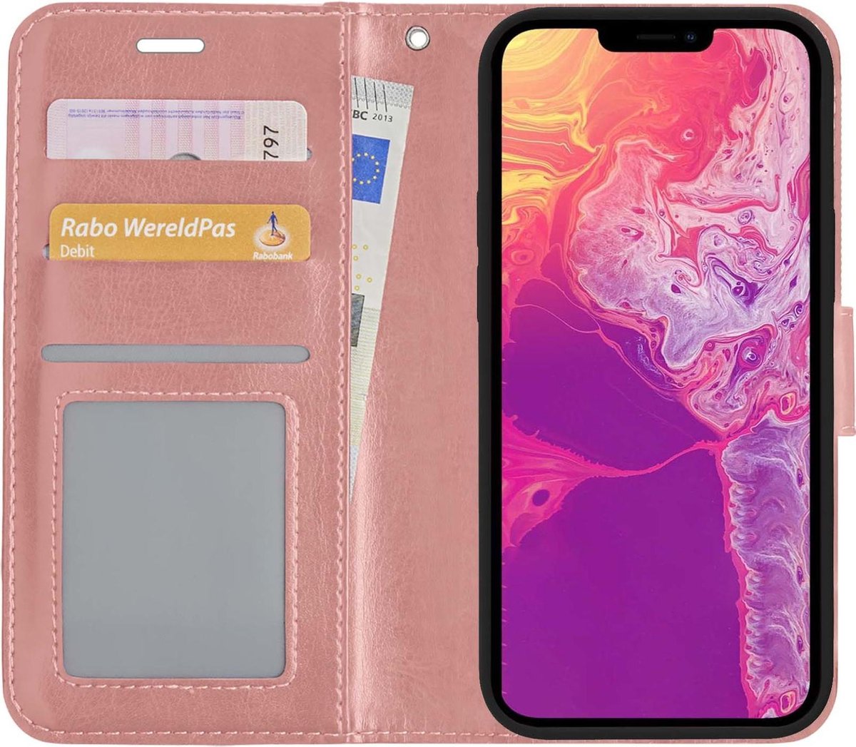 Basey Iphone 13 Pro Hoesje Bookcase Kunstleer - Iphone 13 Pro Hoes Flip Case Book Cover - Rose Goud