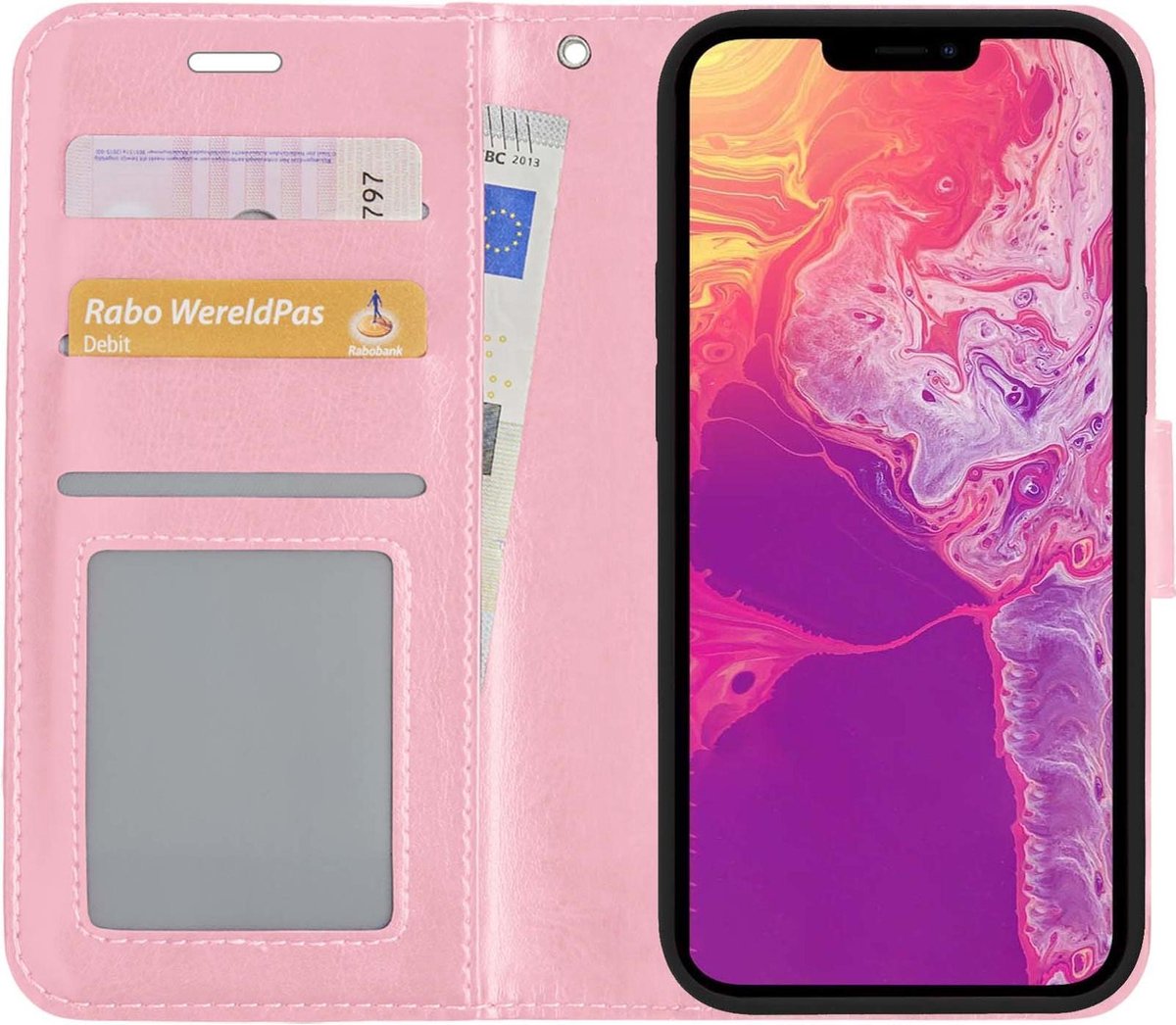 Basey Iphone 13 Pro Hoesje Bookcase Kunstleer - Iphone 13 Pro Hoes Flip Case Book Cover - Licht - Roze