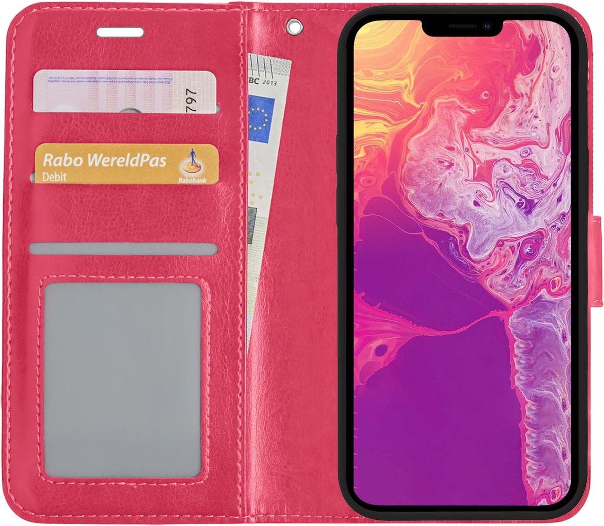 Basey Iphone 13 Hoesje Bookcase Kunstleer - Iphone 13 Hoes Flip Case Book Cover - Donker - Roze