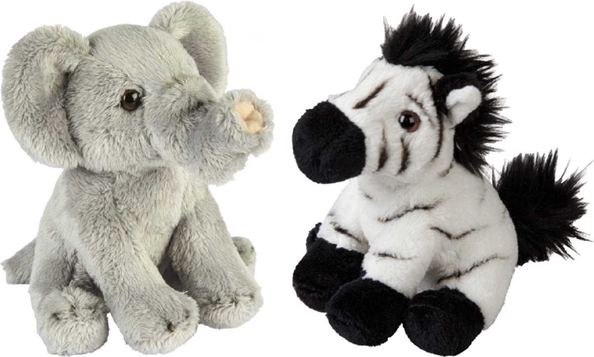 Safari Dieren Serie Pluche Knuffels 2x Stuks - Olifant En Zebra Van 15 Cm - Knuffeldier - Grijs