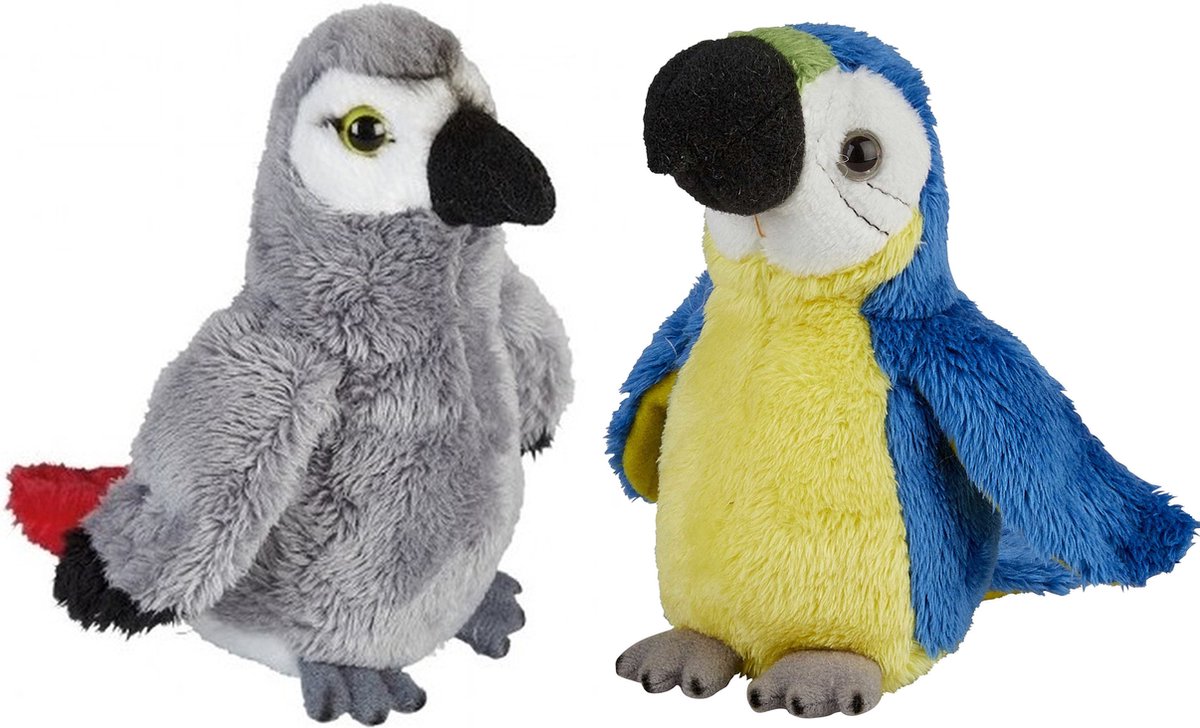 Papegaaien Serie Pluche Knuffels 2x Stuks -Blauwe En Grijze Van 15 Cm - Vogel Knuffels