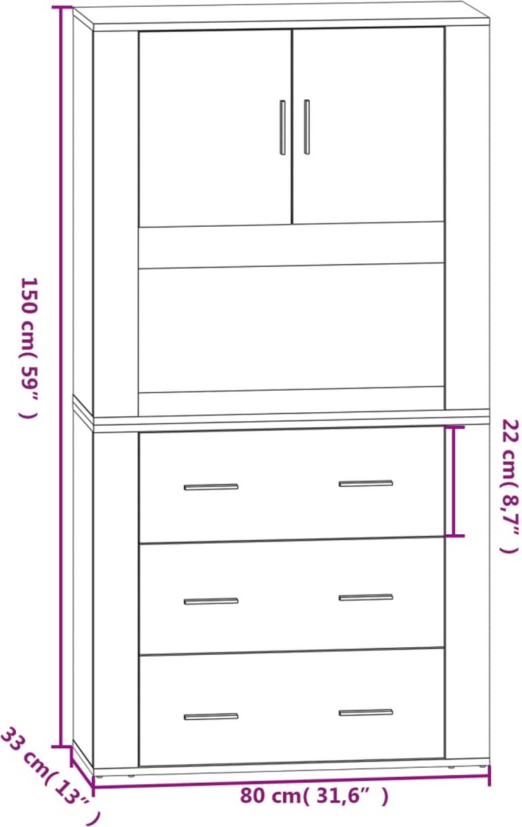 Vidaxl Hoge Kast Bewerkt Hout Hoogglans Wit