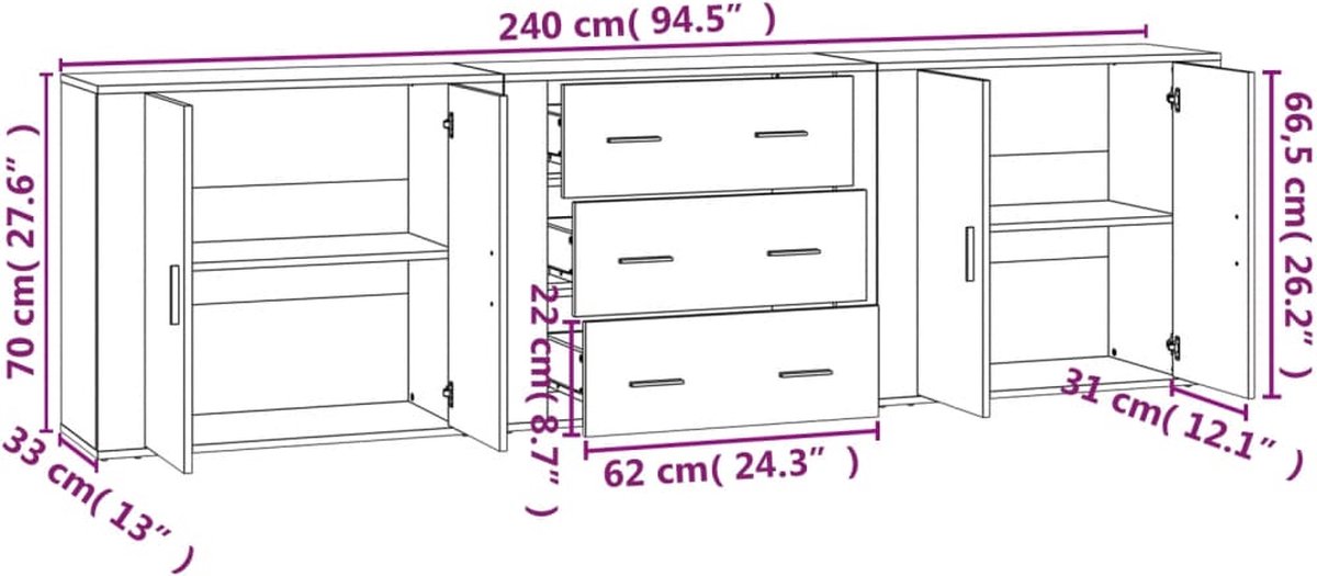 Vidaxl Dressoirs 3 St Bewerkt Hout Gerookt Eikenkleurig - Bruin
