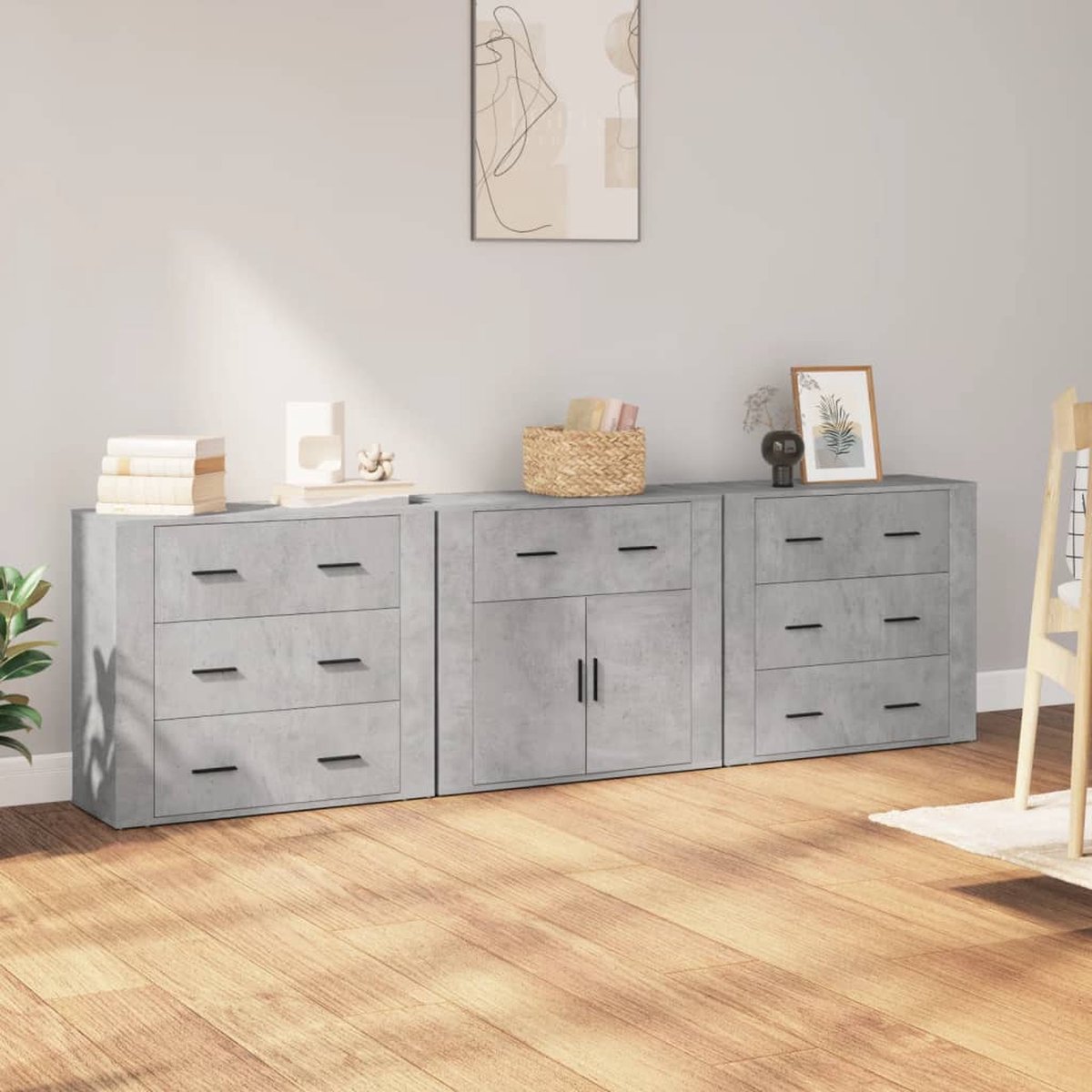 Vidaxl Dressoirs 3 St Bewerkt Hout Beton - Gris