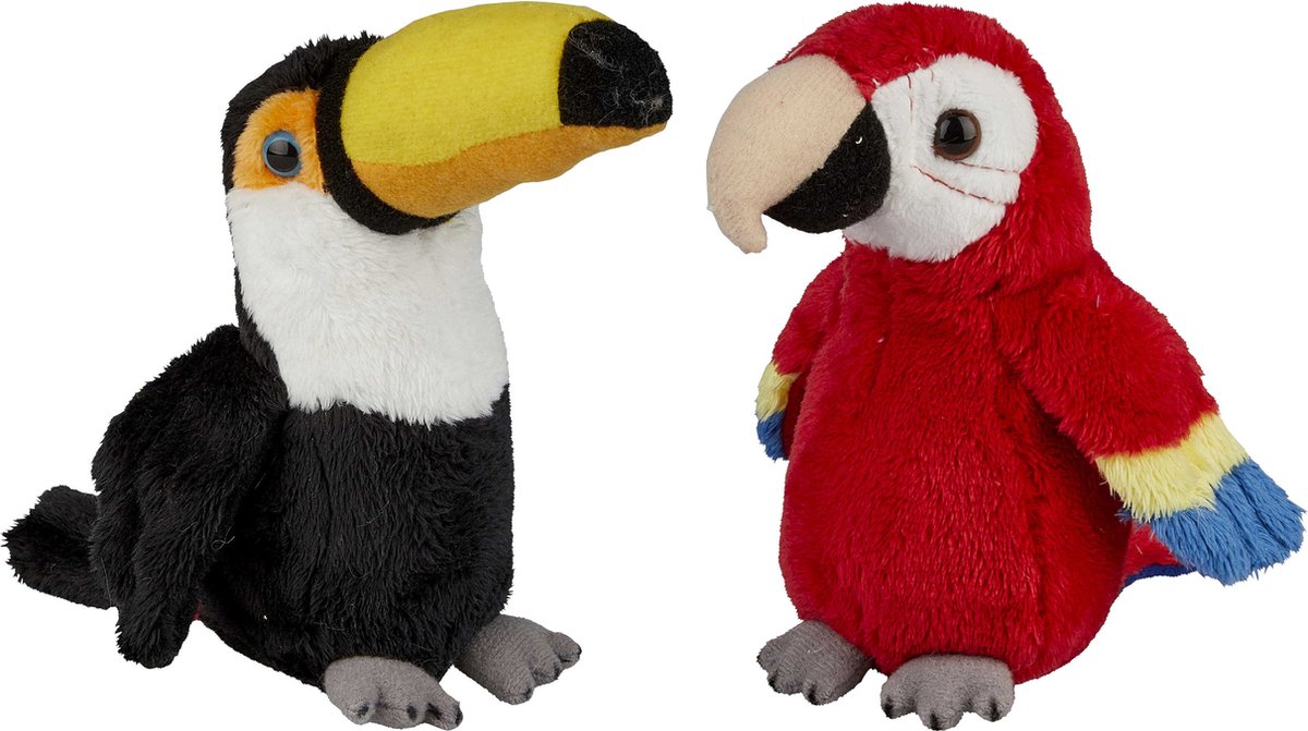 Tropische Vogels Pluche Knuffels 2x Stuks - Rode Macaw Papegaai En Toekan Van 15 Cm - Vogel Knuffels