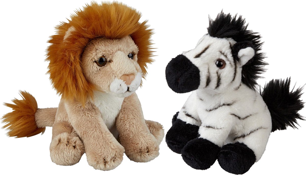 Safari Dieren Serie Pluche Knuffels 2x Stuks - Zebra En Leeuw Van 15 Cm - Knuffeldier - Grijs