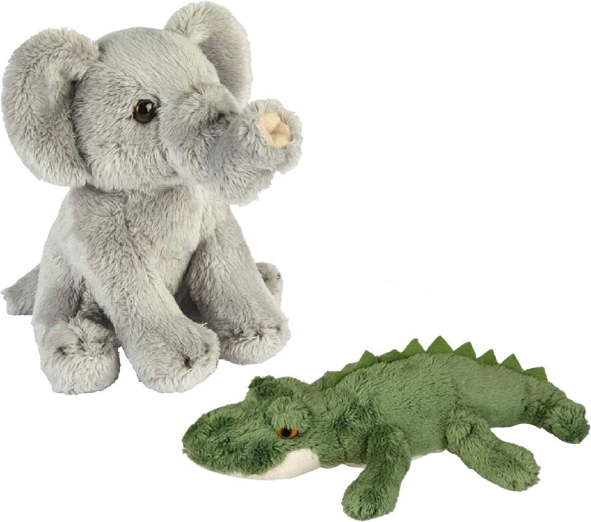 Safari Dieren Serie Pluche Knuffels 2x Stuks - Olifant En Krokodil Van 15 Cm - Knuffeldier - Grijs