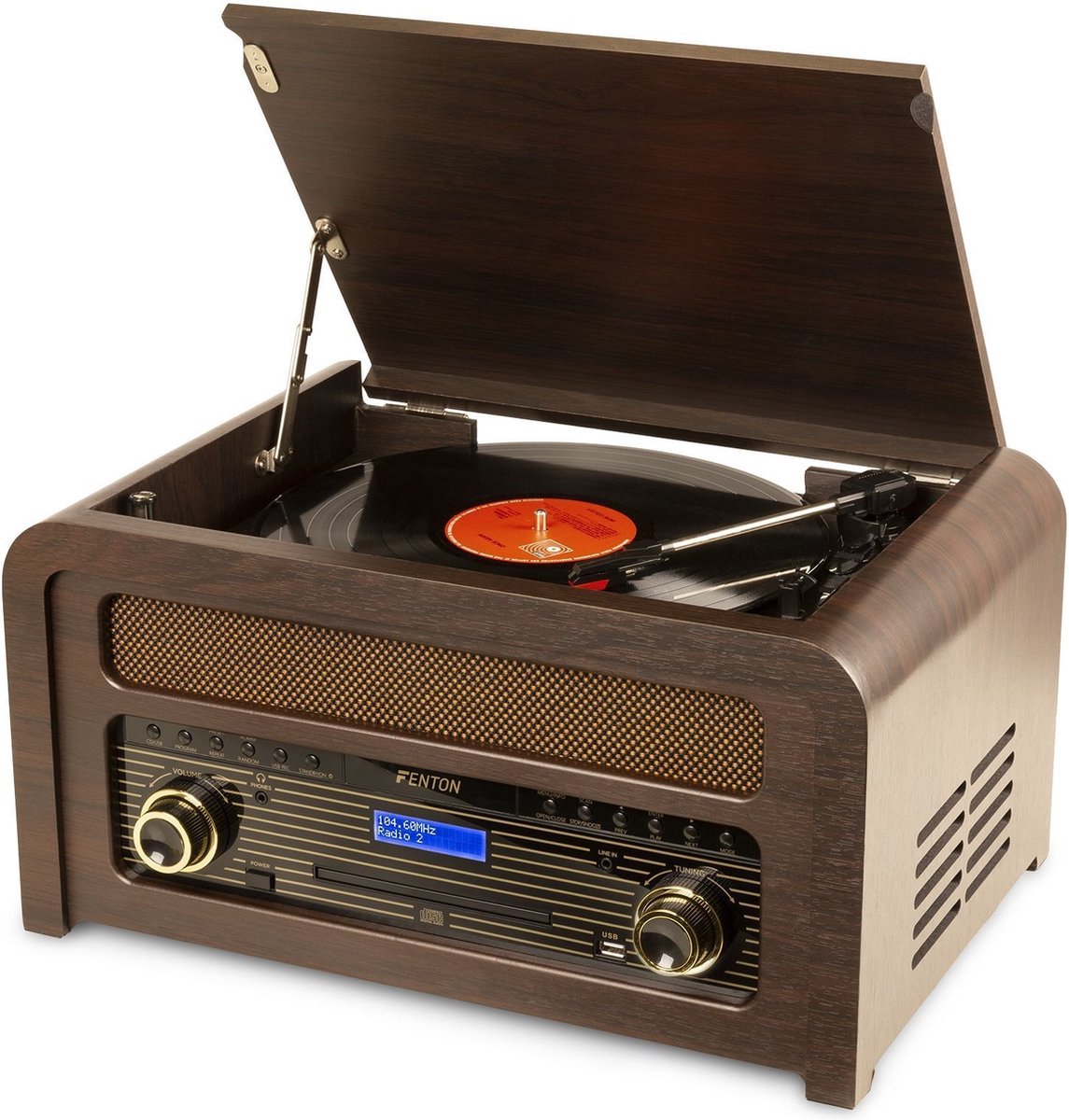 Fenton Retro Platenspeler Met Bluetooth - Nashville - Cd, Mp3, Fm / Dab Radio - Ingebouwde Speakers - Bruin