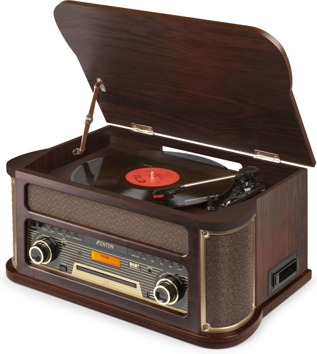 Fenton Retro Platenspeler Bluetooth - Memphis - Cassette, Mp3 Speler, Fm En Dab Radio - Donker - Bruin