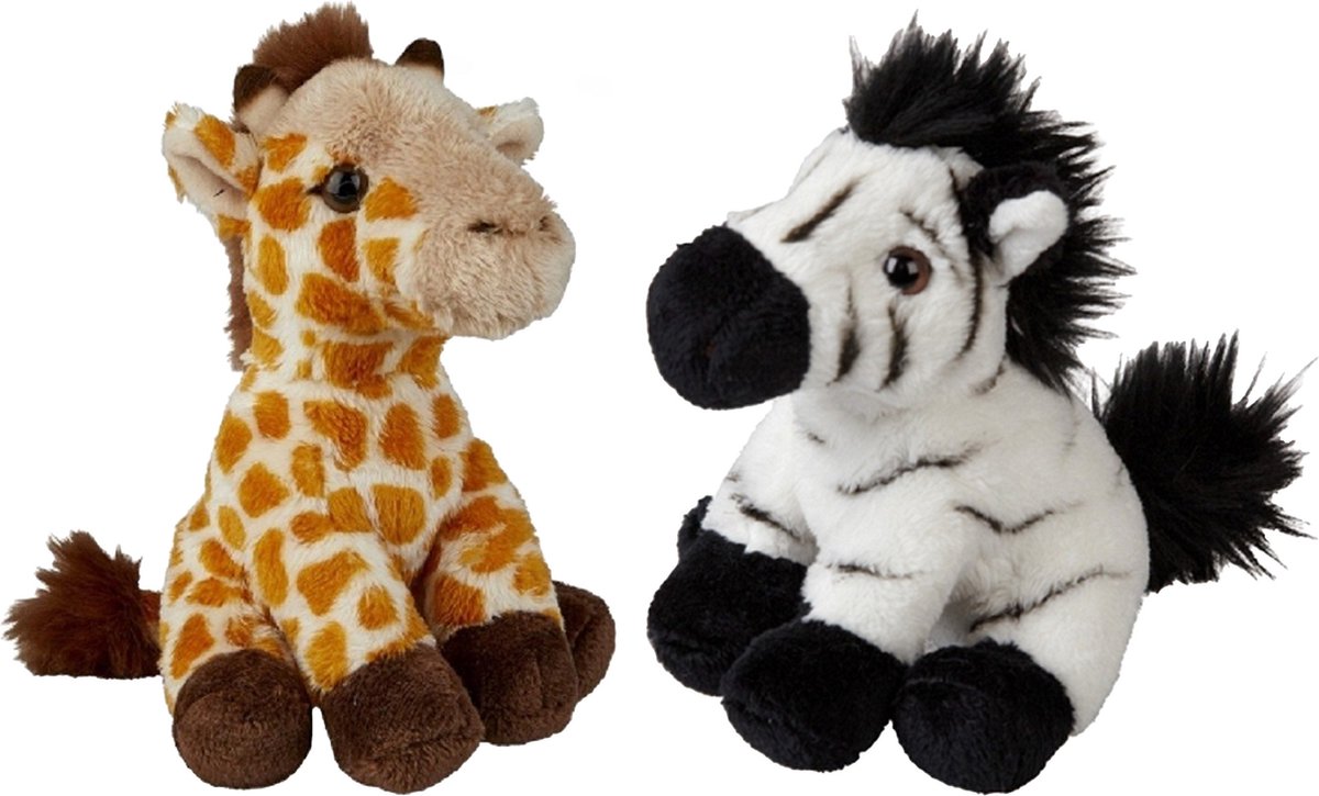 Safari Dieren Serie Pluche Knuffels 2x Stuks - Zebra En Giraffe Van 15 Cm - Knuffeldier - Grijs