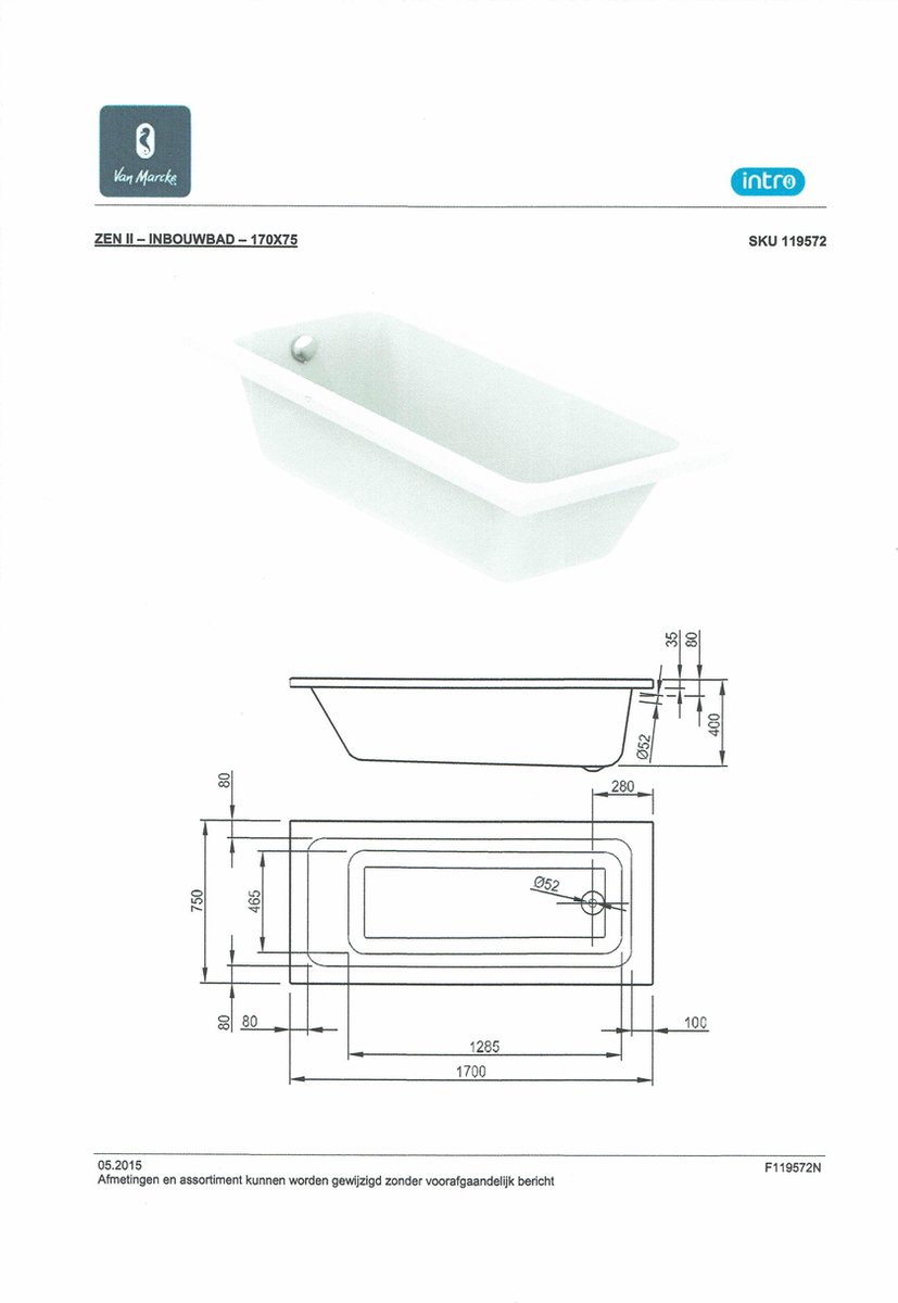 Sanifun inbouw ligbad Lennon 170 x 75.