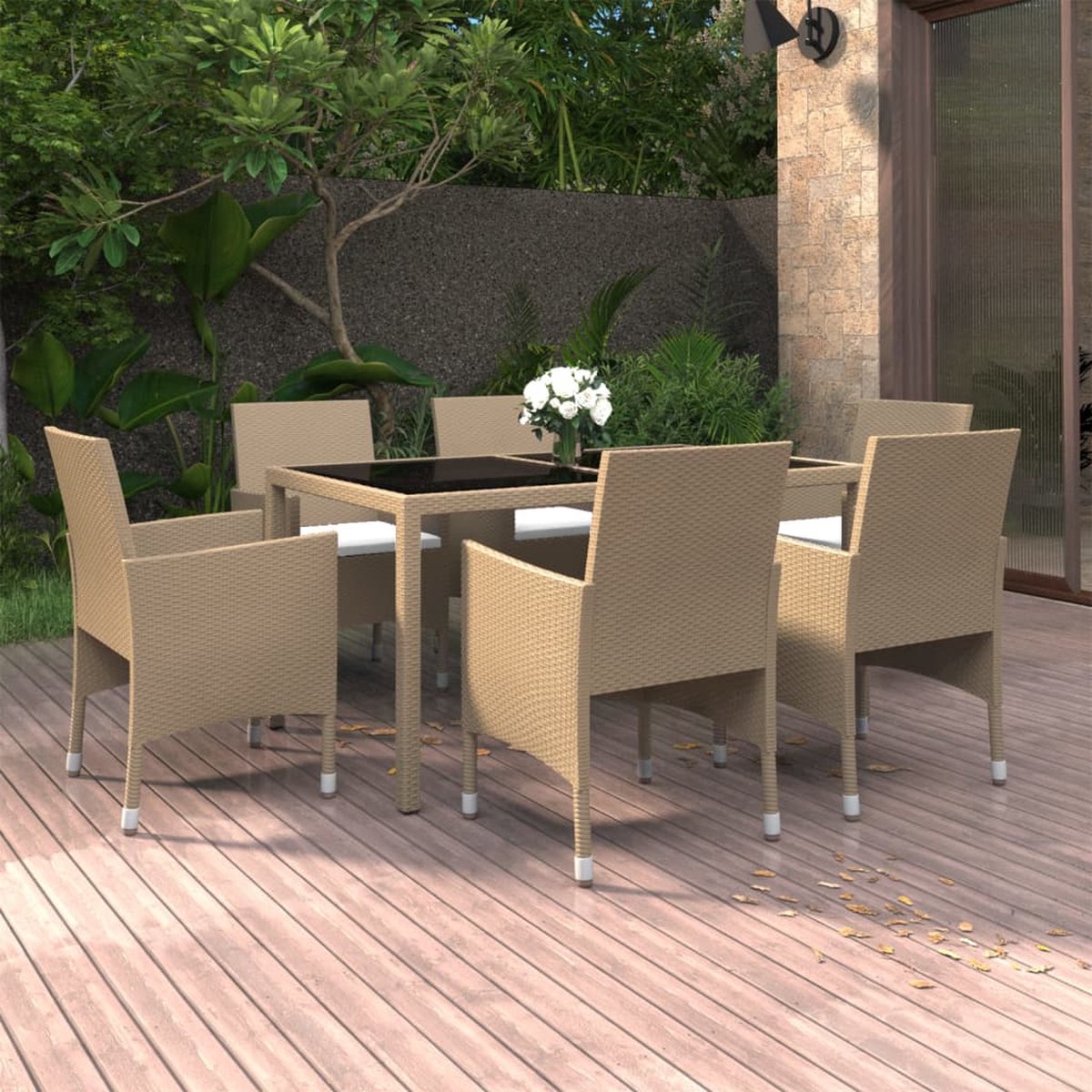 Vidaxl 7-delige Tuinset Poly Rattan En Gehard Glas - Beige