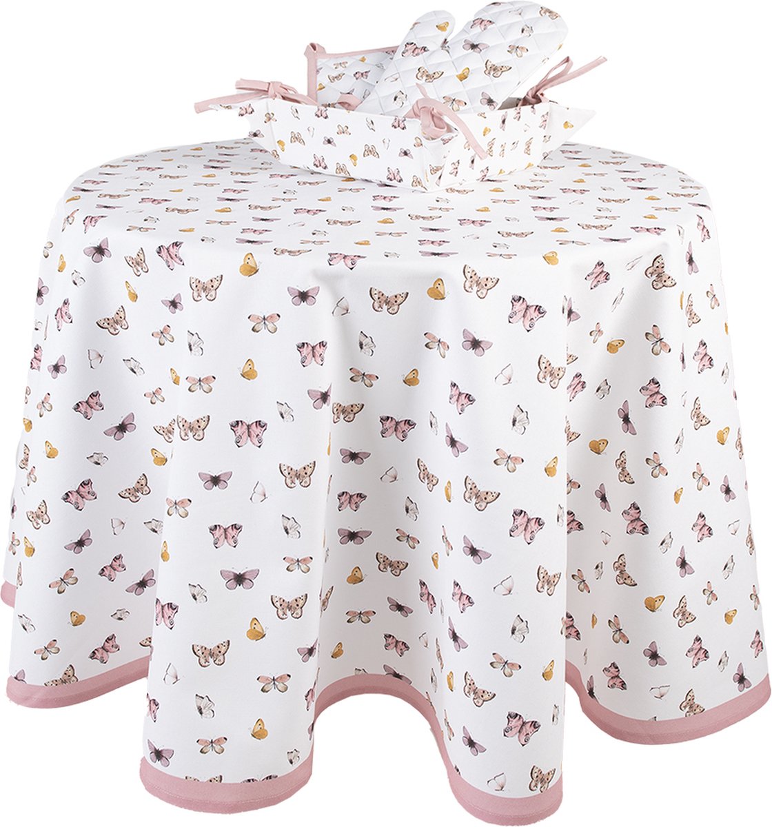 Clayre & Eef Rond Tafelkleed Ø 170 cm Roze Katoen Rond Vlinders - Beige