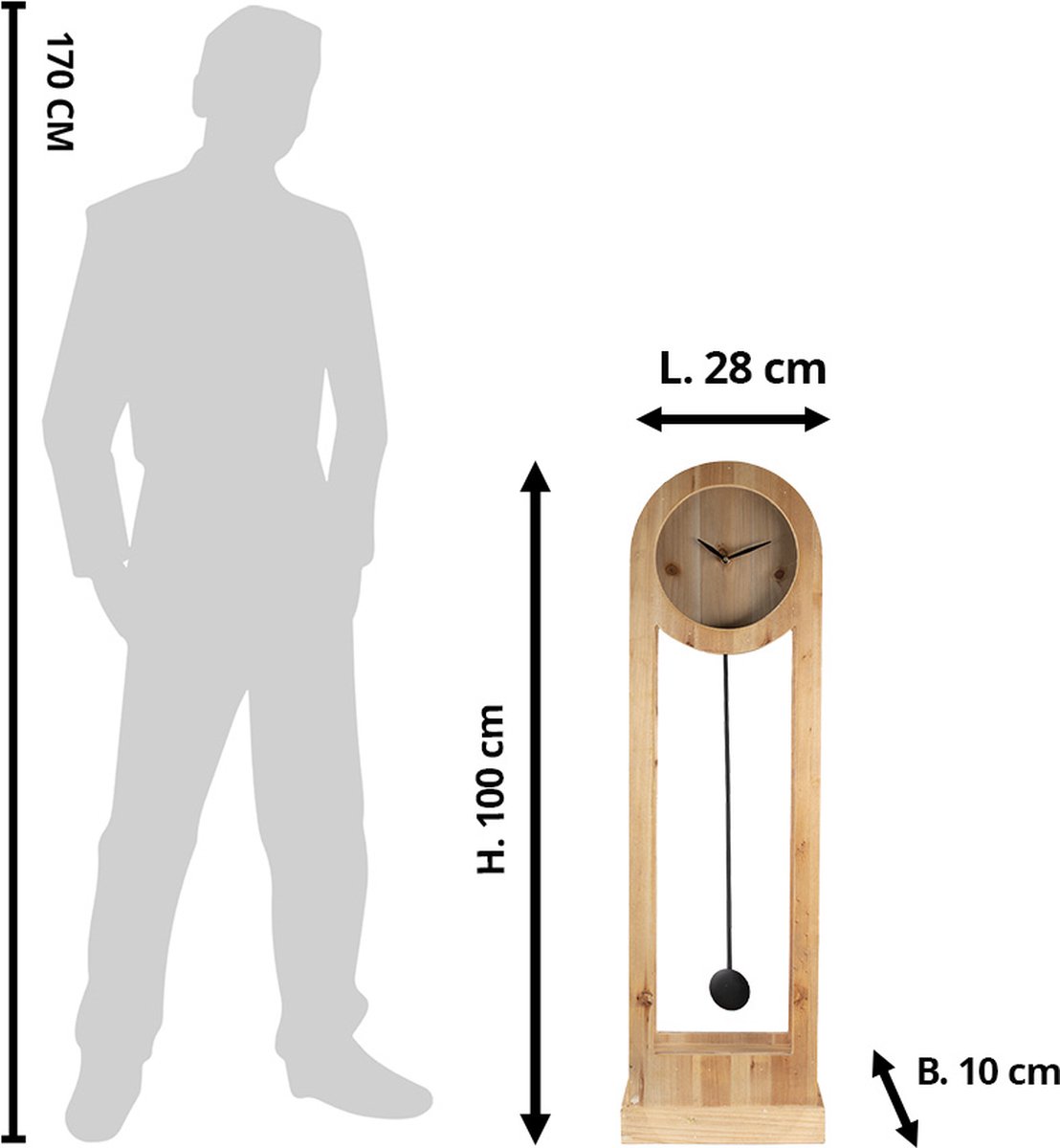 Clayre & Eef Staande klok 28x100 cm Zwart Hout Rechthoek Klok op - Bruin