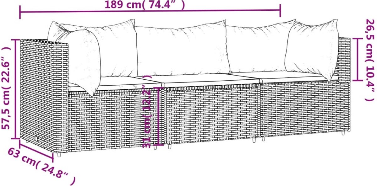 Vidaxl 3-delige Loungeset Met Kussens Poly Rattan - Grijs