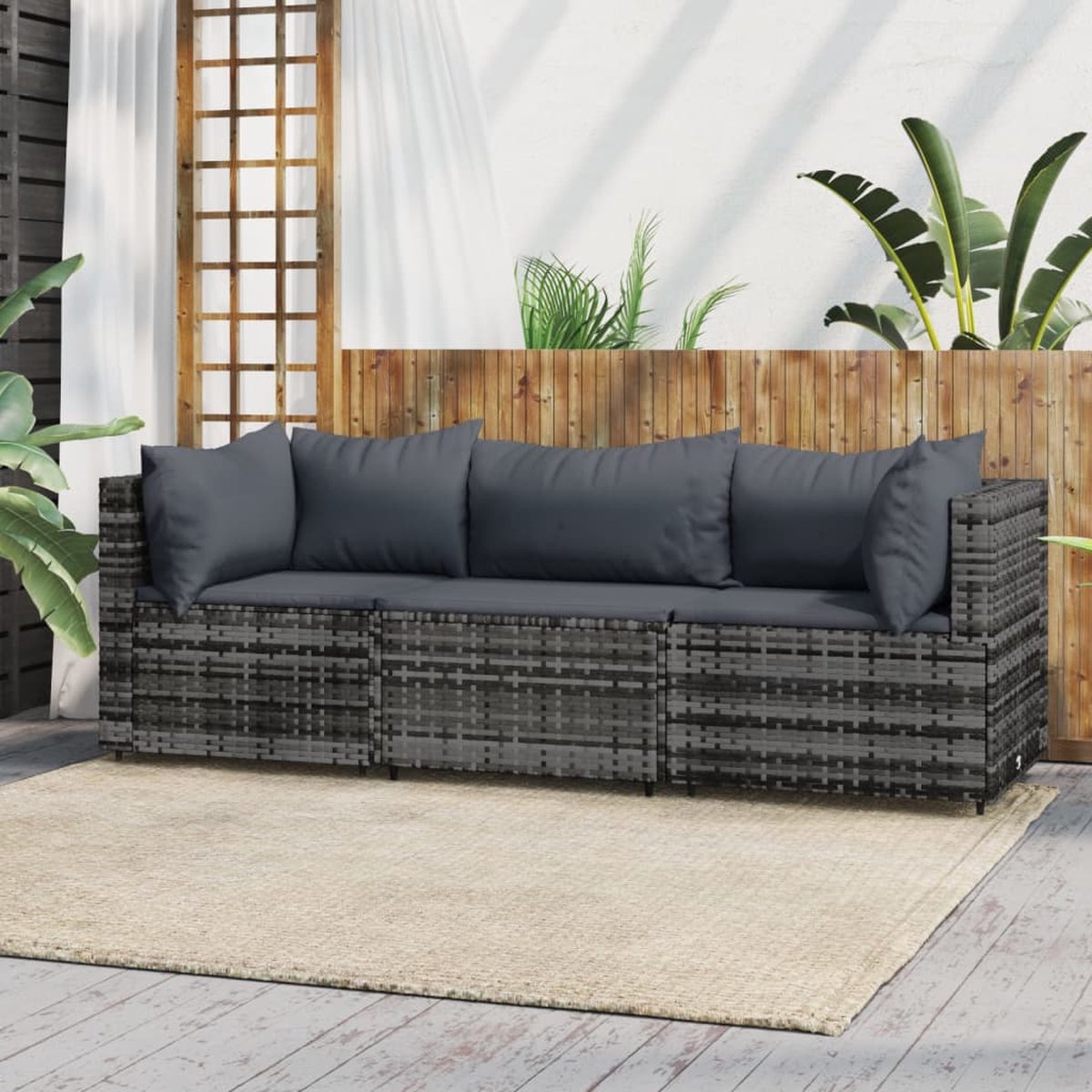 Vidaxl 3-delige Loungeset Met Kussens Poly Rattan - Grijs