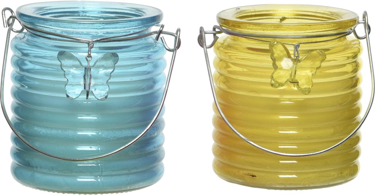 Decoris Set Van 2x Stuks Citronella Anti Muggen Kaarsen Windlicht Blauw En Geel 20 Branduren - Geurkaarsen