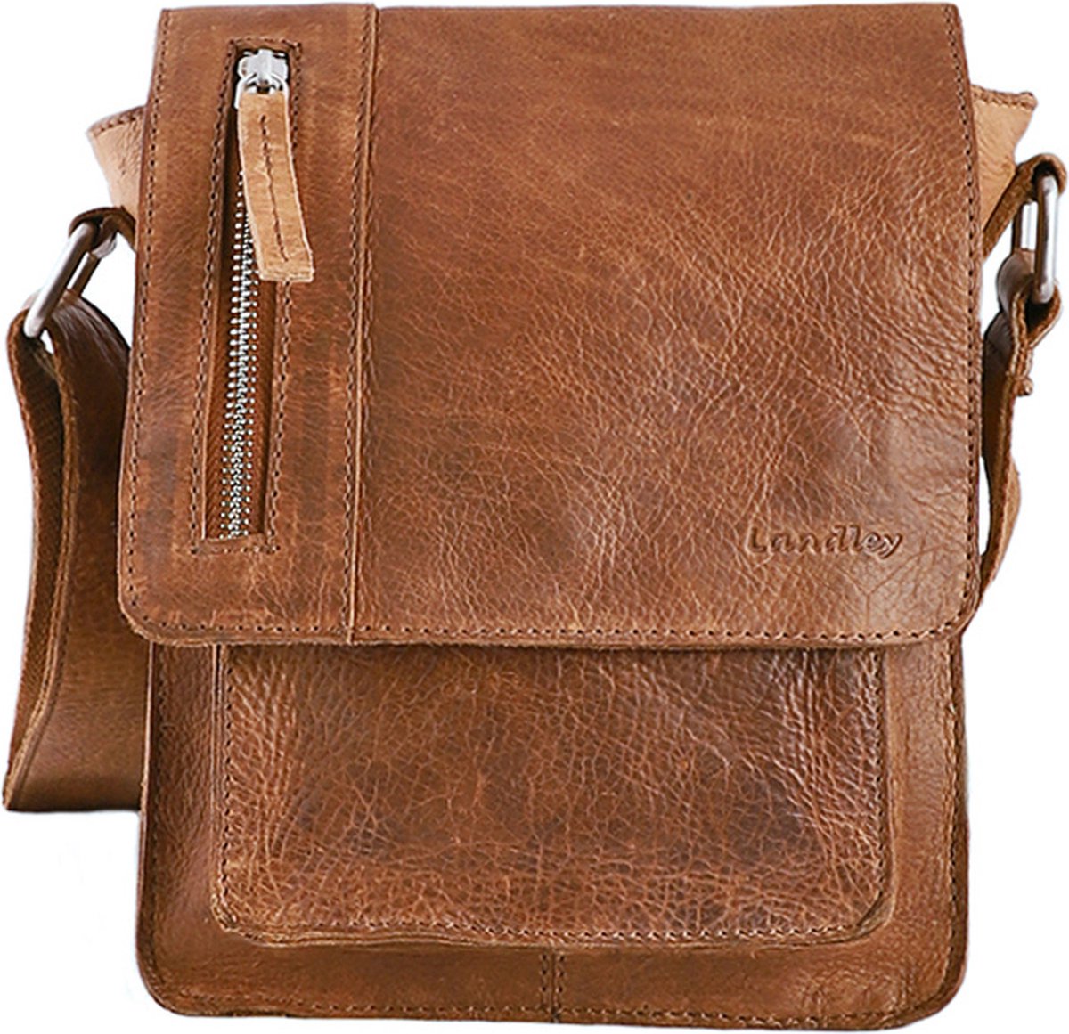 Landley Leren Schoudertasje Met Sluitflap - Dames En Heren - Antique Vintage Pull-up Leer - Cognac - Bruin