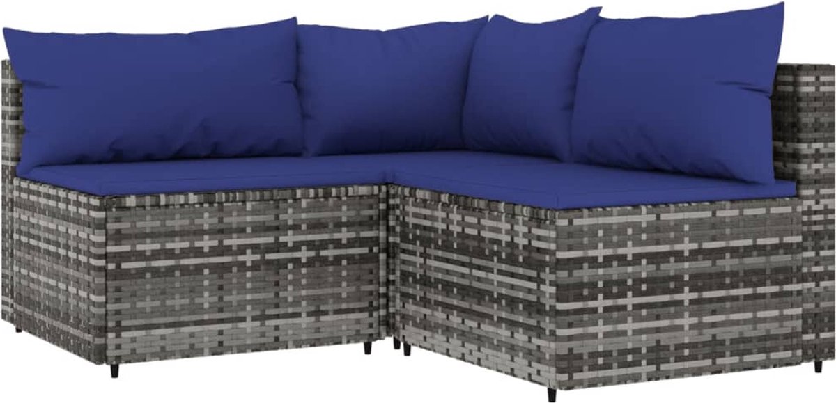 Vidaxl 3-delige Loungeset Met Kussens Poly Rattan - Grijs