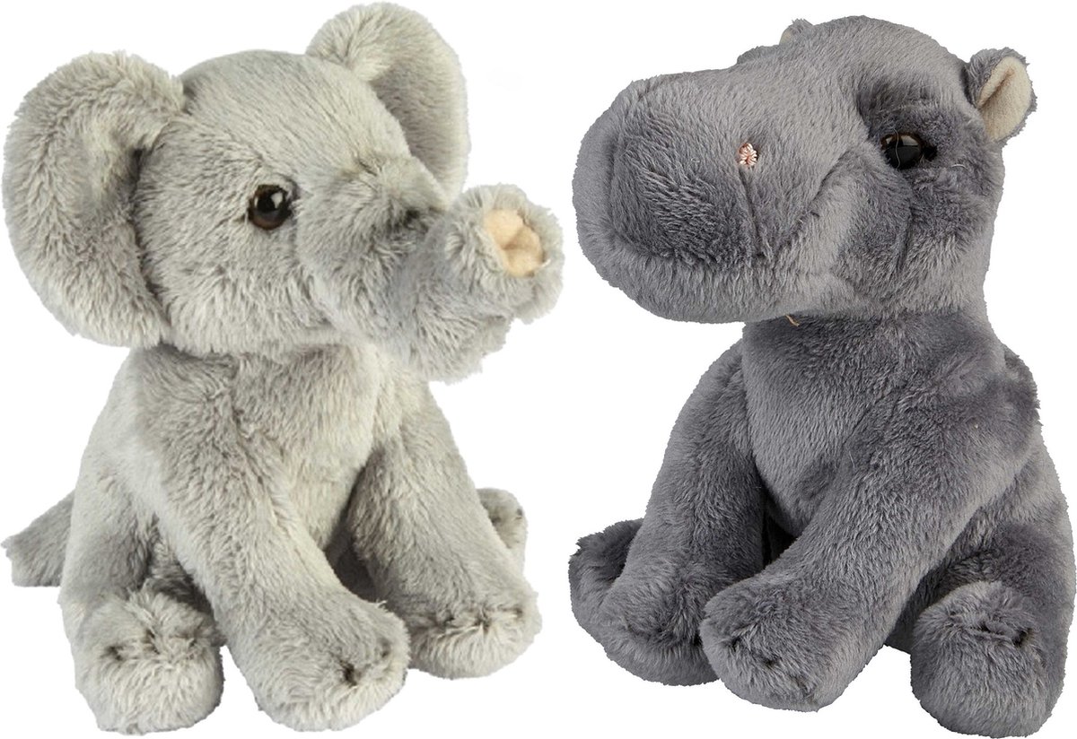 Safari Dieren Serie Pluche Knuffels 2x Stuks - Olifant En Nijlpaard Van 15 Cm - Knuffeldier - Grijs