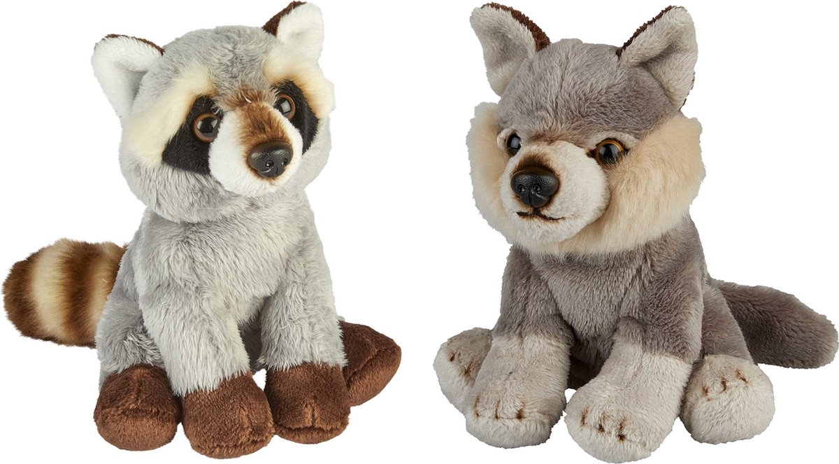 Bosdieren Zachte Pluche Knuffels 2x Stuks - Wasbeer En Wolf Van 15 Cm - Knuffeldier