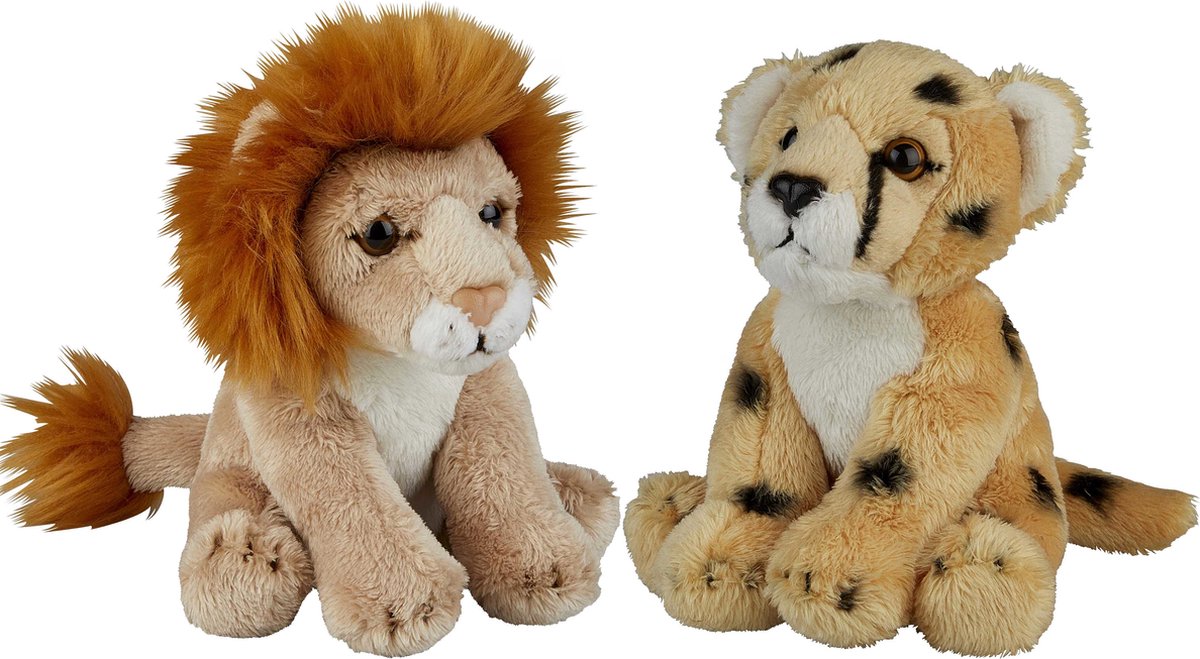 Safari Dieren Serie Pluche Knuffels 2x Stuks - Cheetah En Leeuw Van 15 Cm - Knuffeldier - Grijs