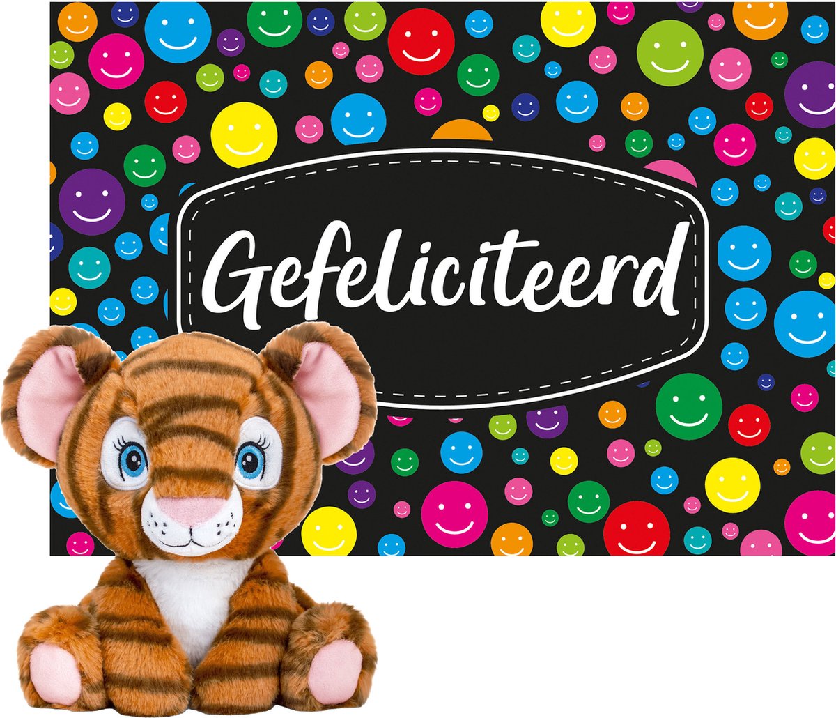 Keel Toys - Cadeaukaart Gefeliciteerd Met Knuffeldier Tijger 25 Cm - Knuffeldier