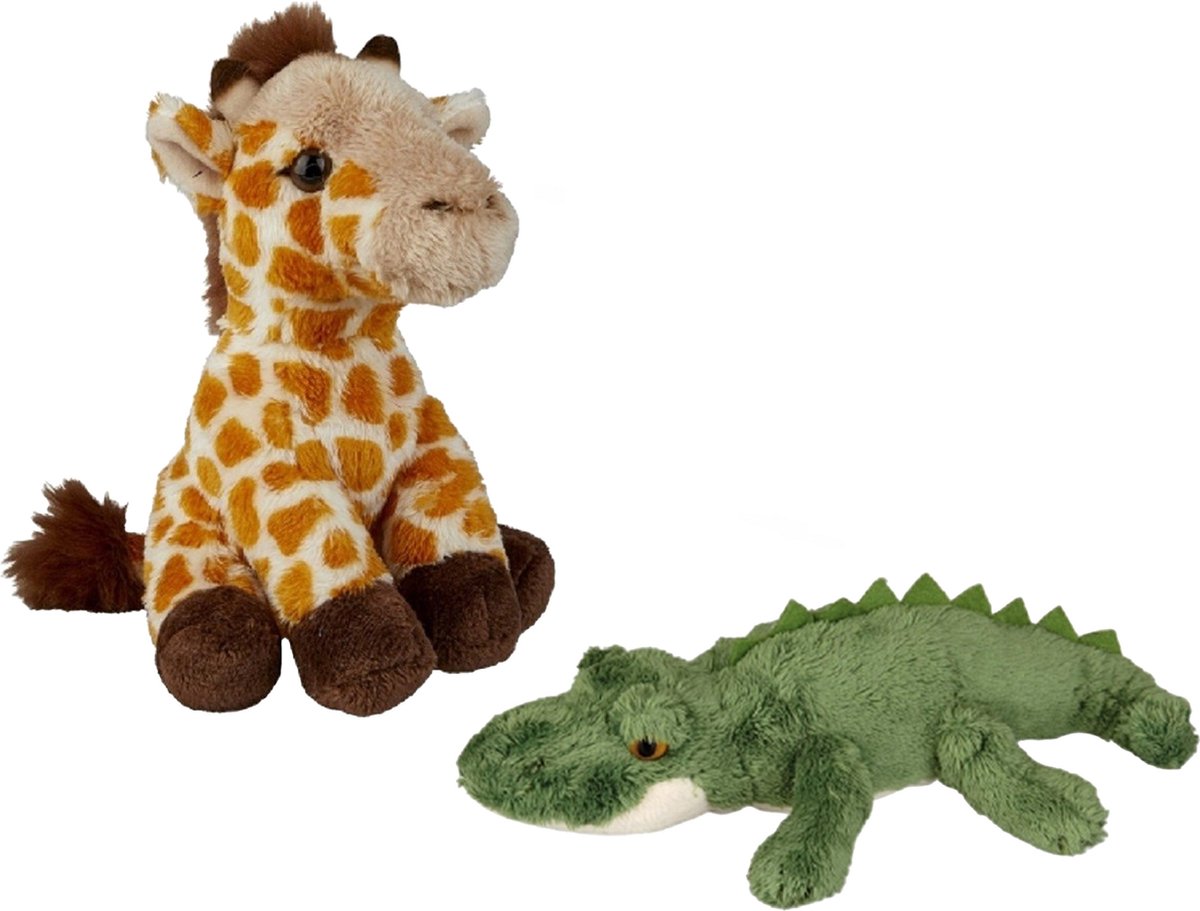 Safari Dieren Serie Pluche Knuffels 2x Stuks - Krokodil En Giraffe Van 15 Cm - Knuffeldier - Grijs