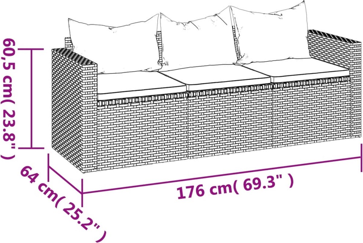 Vidaxl Tuinbank 3-zits Met Kussens Poly Rattan - Bruin