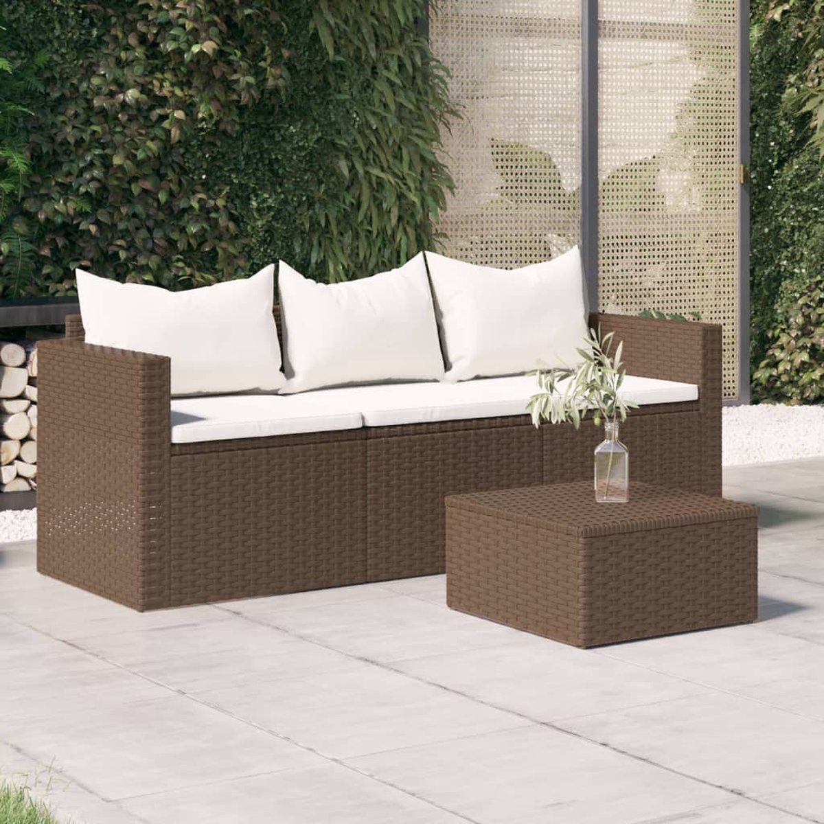 Vidaxl Tuinbank 3-zits Met Kussens Poly Rattan - Bruin