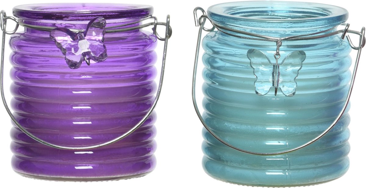 Decoris Set Van 2x Stuks Citronella Anti Muggen Kaarsen Windlicht Paars En Blauw 20 Branduren - Geurkaarsen