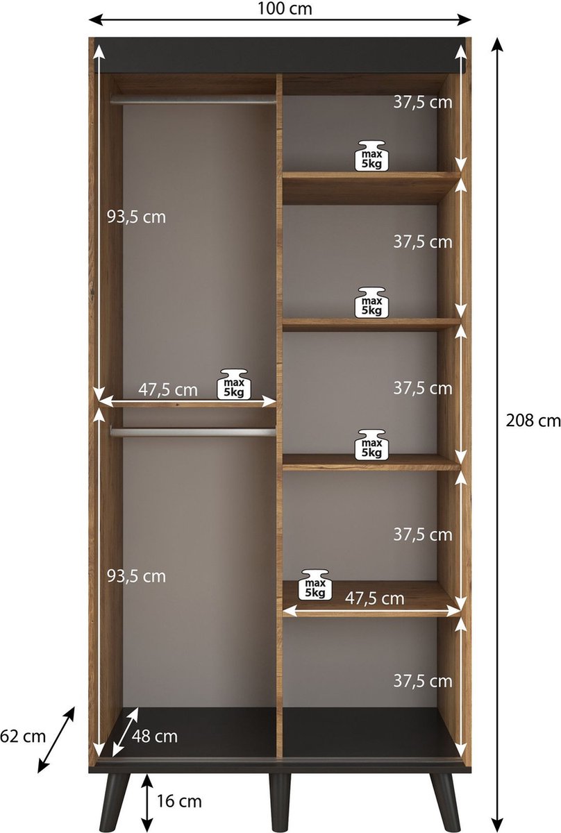 Meubella - Kledingkast Gregory - Eiken - Zwart - 100 Cm