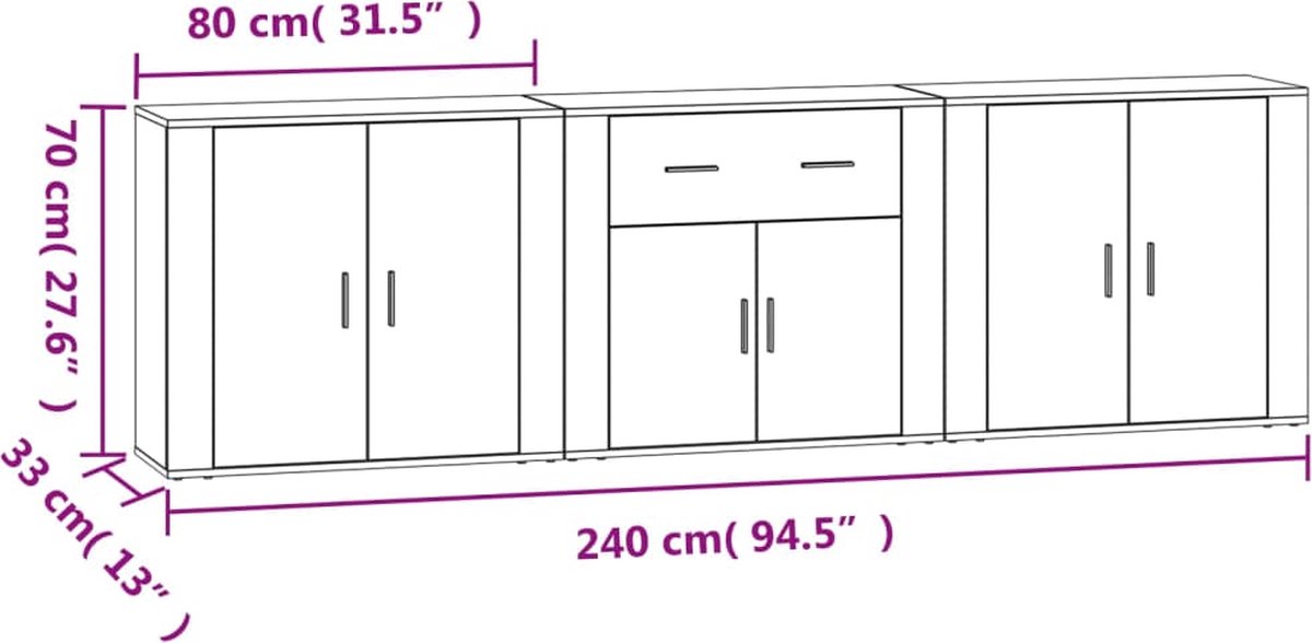 Vidaxl Dressoirs 3 St Bewerkt Hout - Zwart