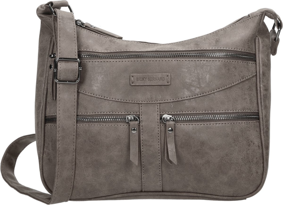 Bicky Bernard Omhang Schoudertas Ritsvakjes Trendy Tas - Mid-grey - Grijs