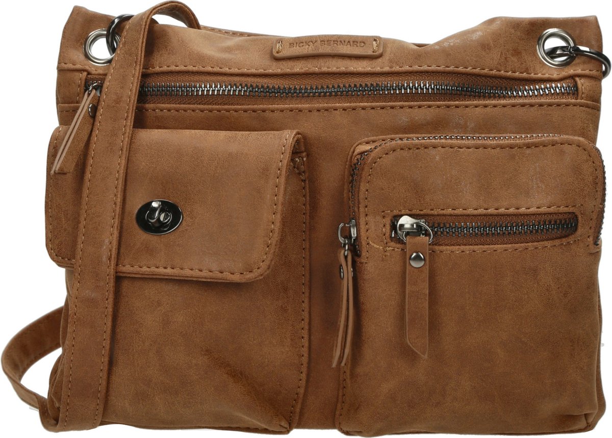 Bicky Bernard Crossbodytas - Platte Tas - Tas Met Veel Ritssluiting - Camel- Bb66666 - Bruin