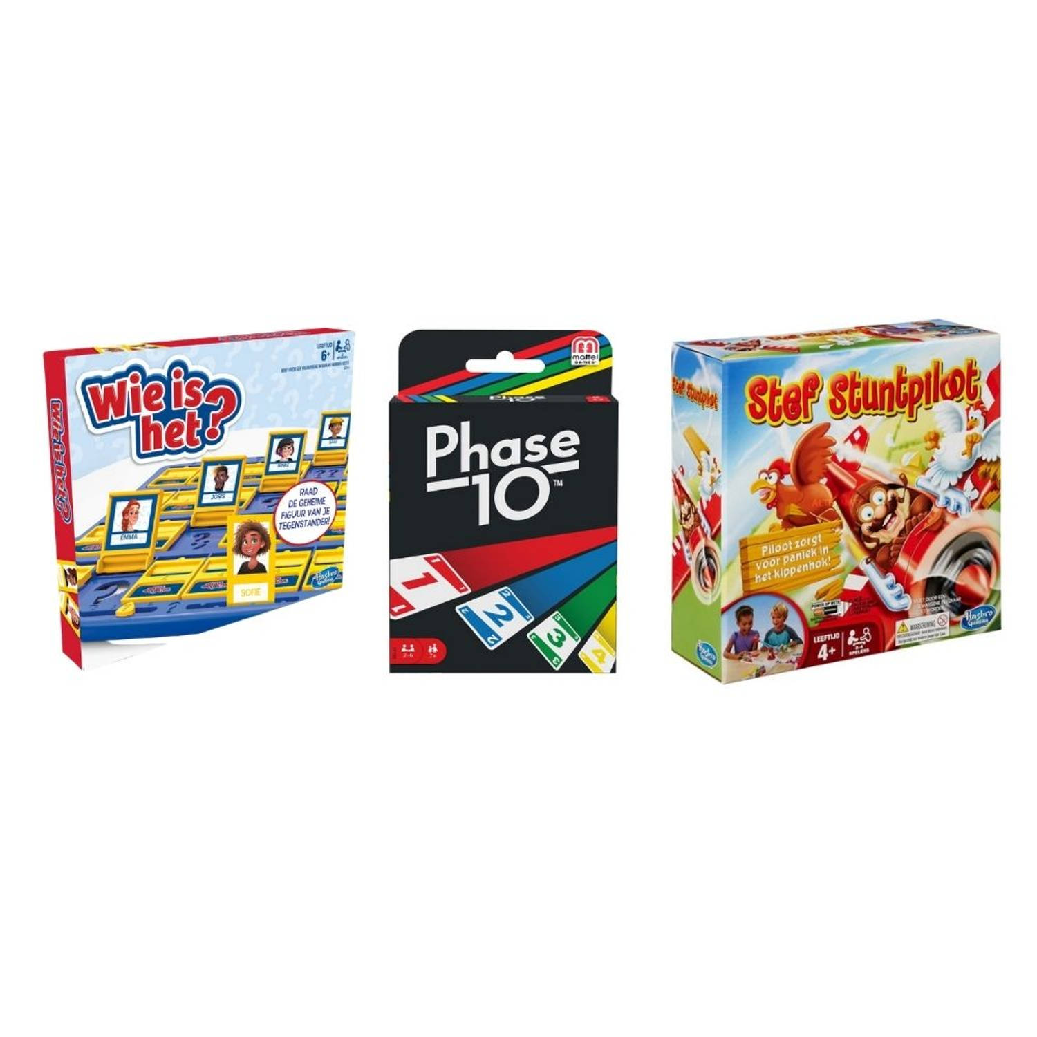 Hasbro Spellenbundel - 3 Stuks - Wie Is Het? & Phase 10 & Stef Stuntpiloot