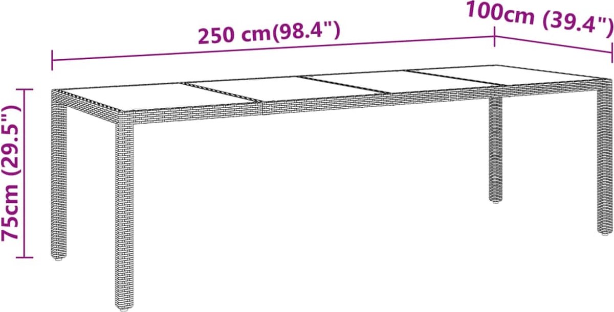 vidaXL Tuintafel 250x100x75 cm gehard glas en poly rattan - Zwart