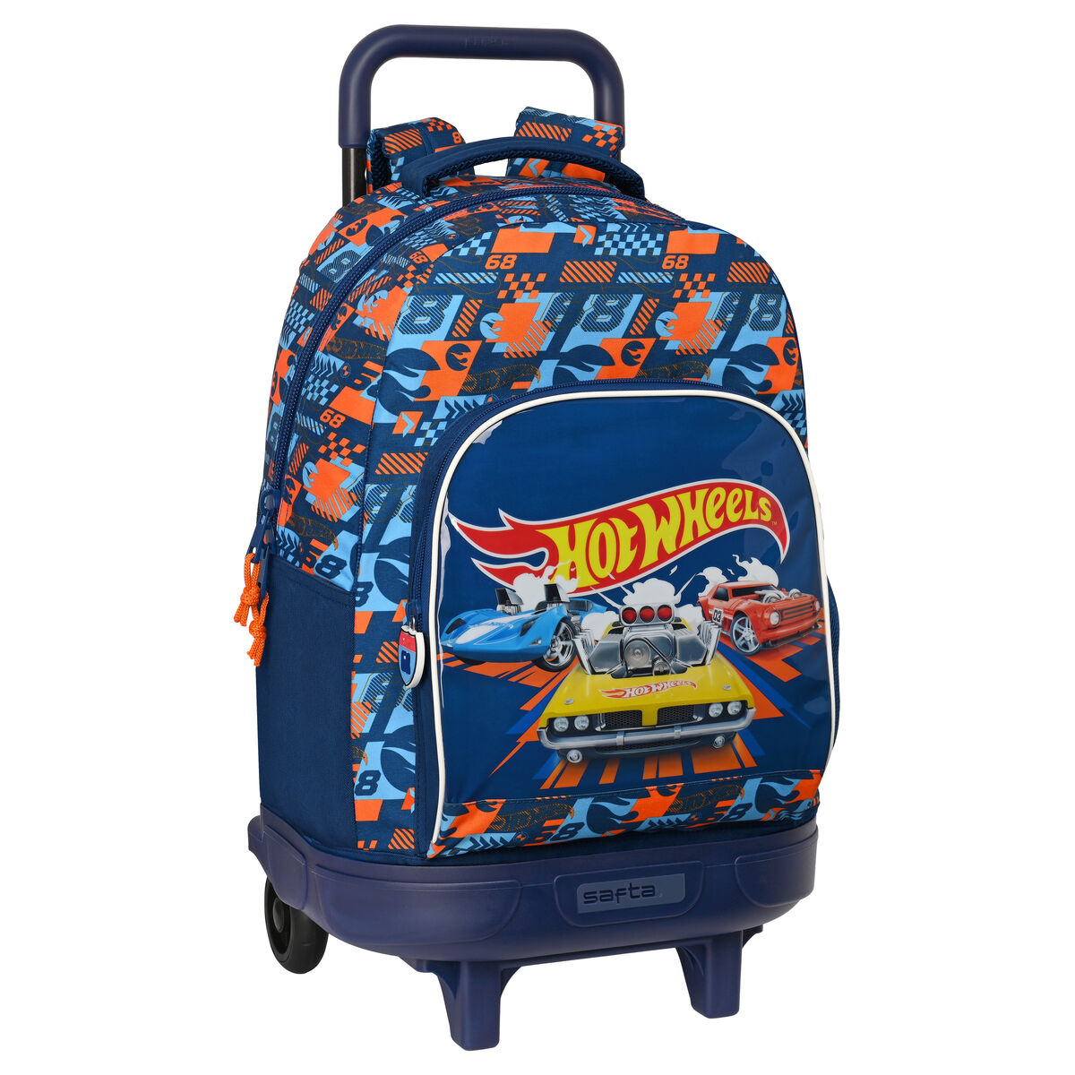 Safta - Mochila Grande Con Ruedas Compact Extraible Hot Wheels Azul Marina Y Naranja - Naranjo