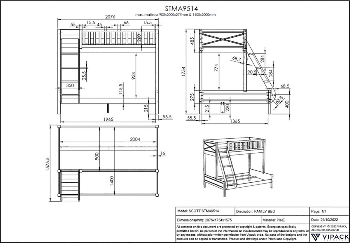 Vipack Scott Familiebed met Slaaplade Wit