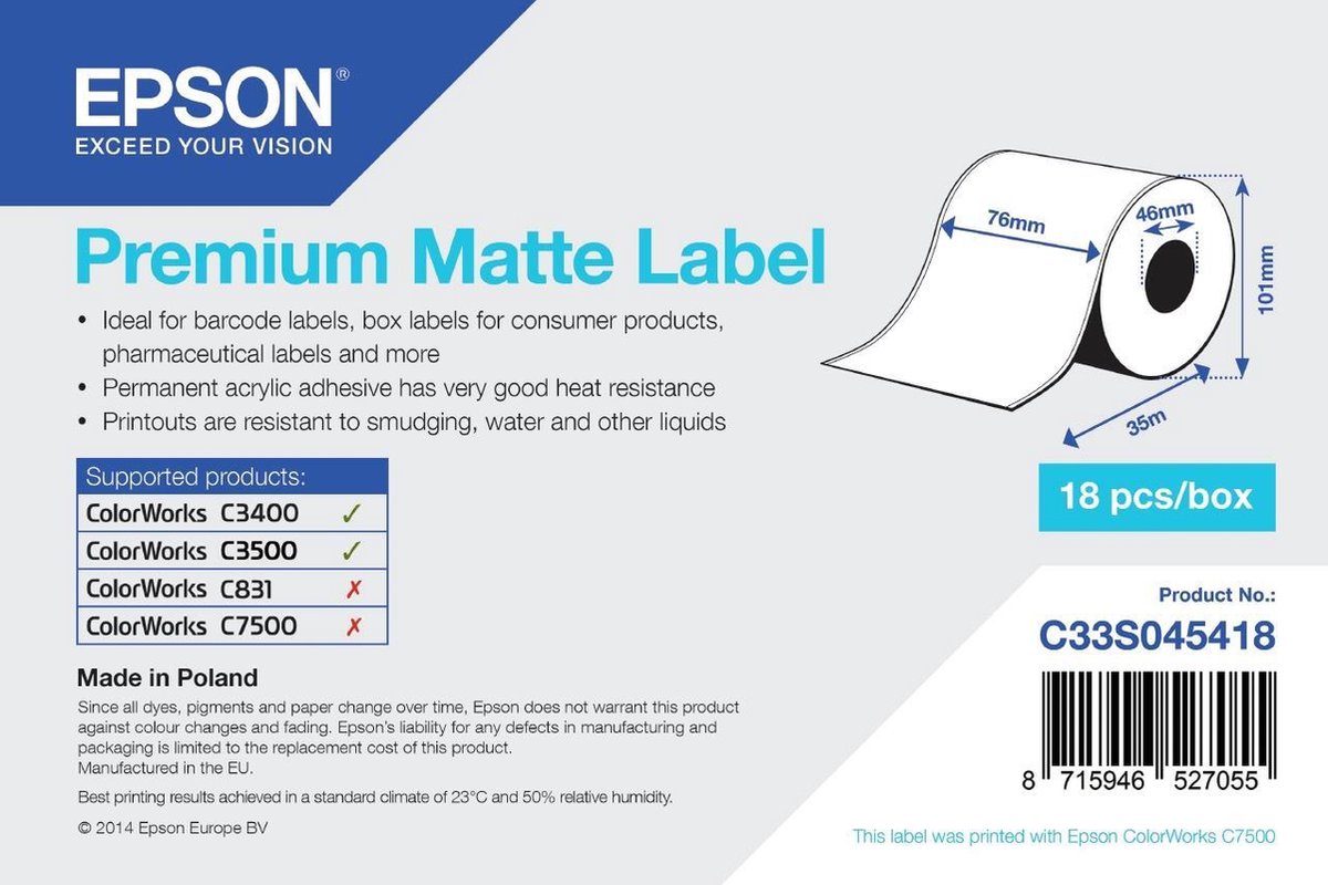 Epson C33S045418 premium matte doorlopende labelrol 76mm x 35m (origineel)
