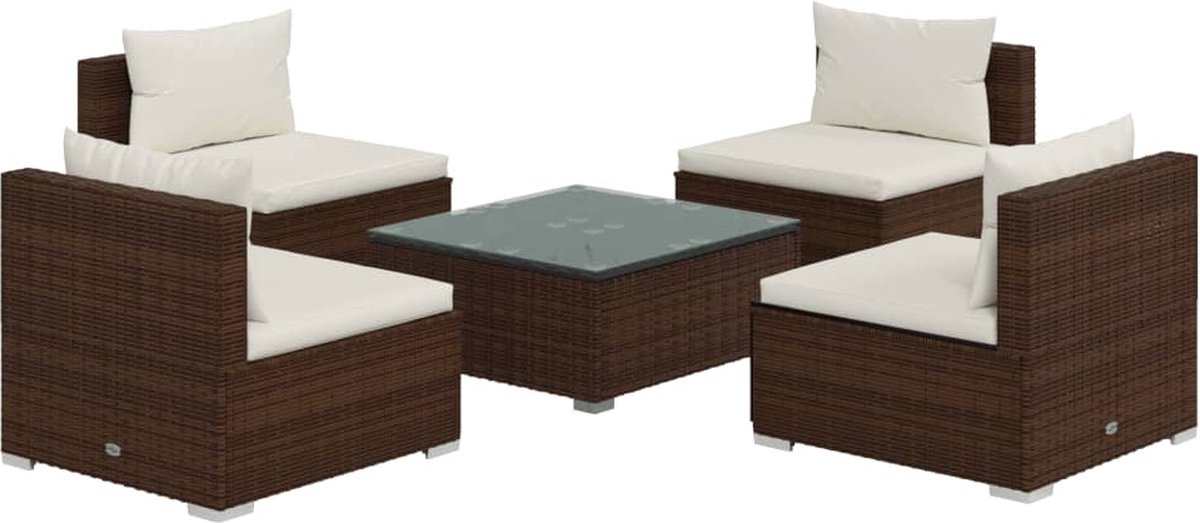 Vidaxl 5-delige Loungeset Met Kussens Poly Rattan - Bruin