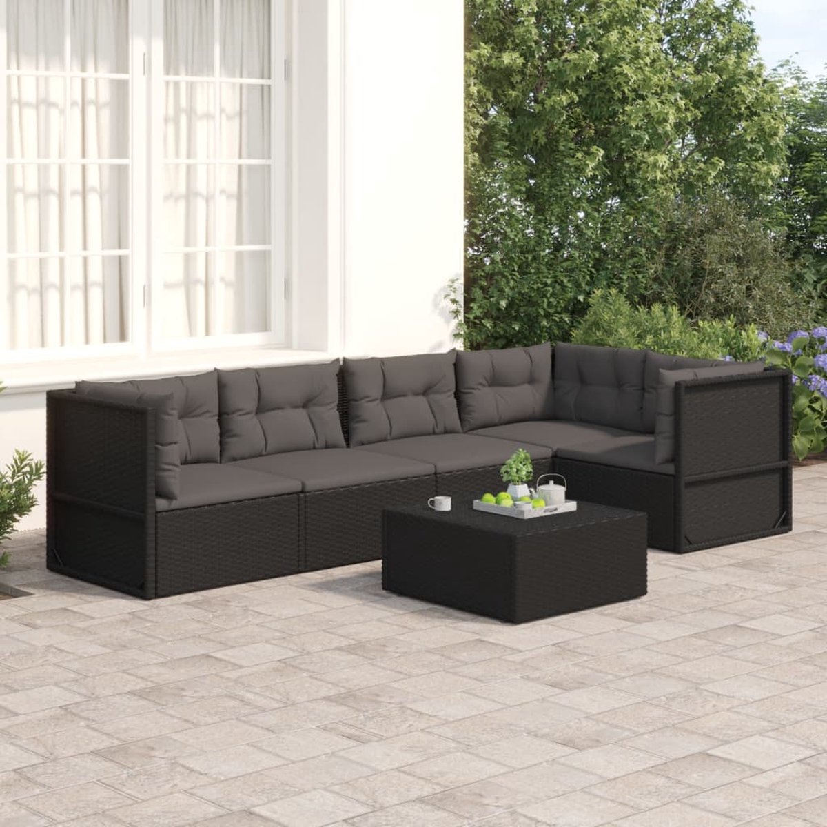 Vidaxl 5-delige Loungeset Met Kussens Poly Rattan - Zwart