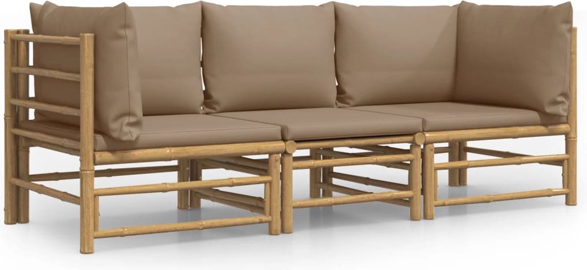 Vidaxl 3-delige Loungeset Met Kussens Bamboe Taupe - Bruin